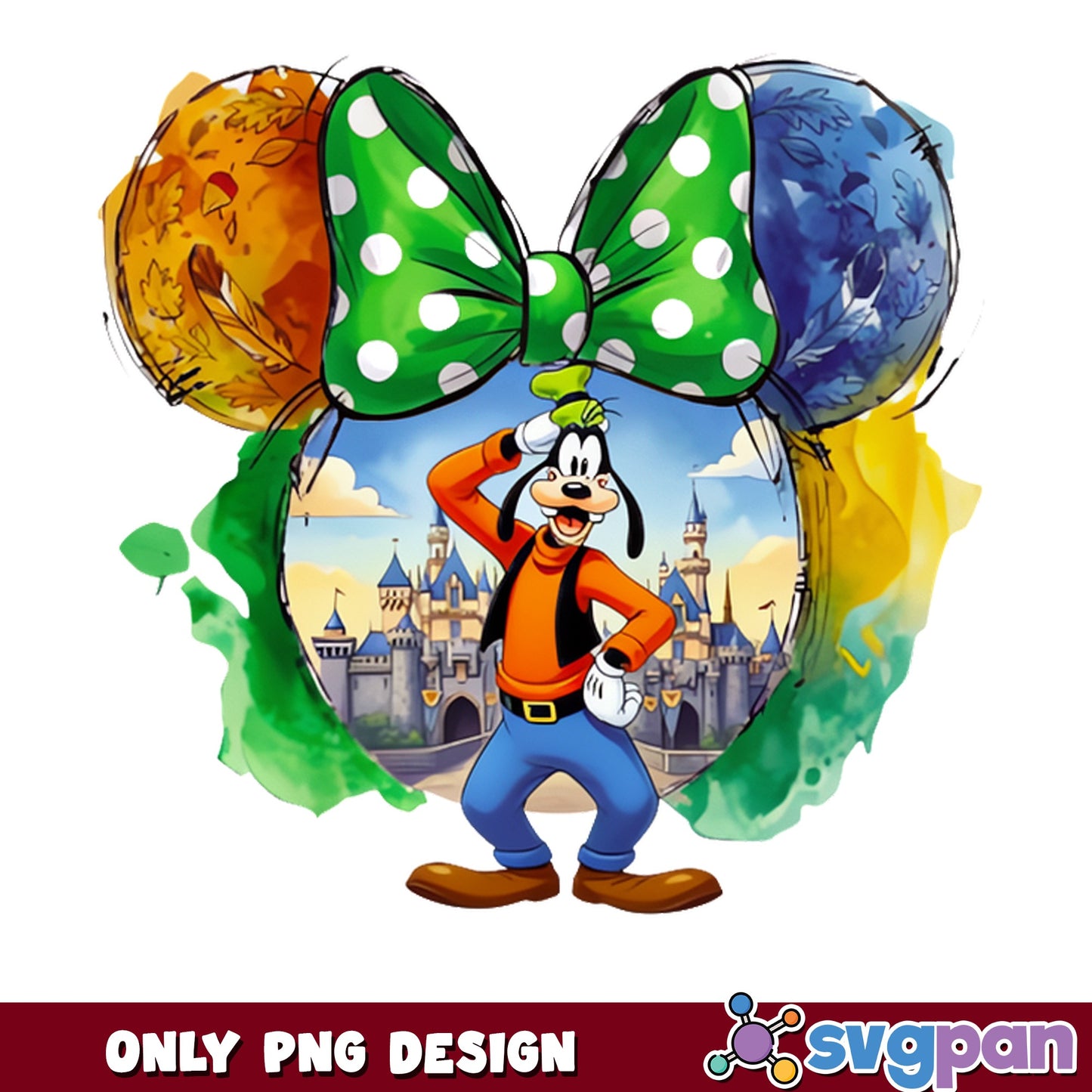 Goofy Disney Castle Watercolor PNG, Mickey Ears Bow PNG, Disney Trip PNG