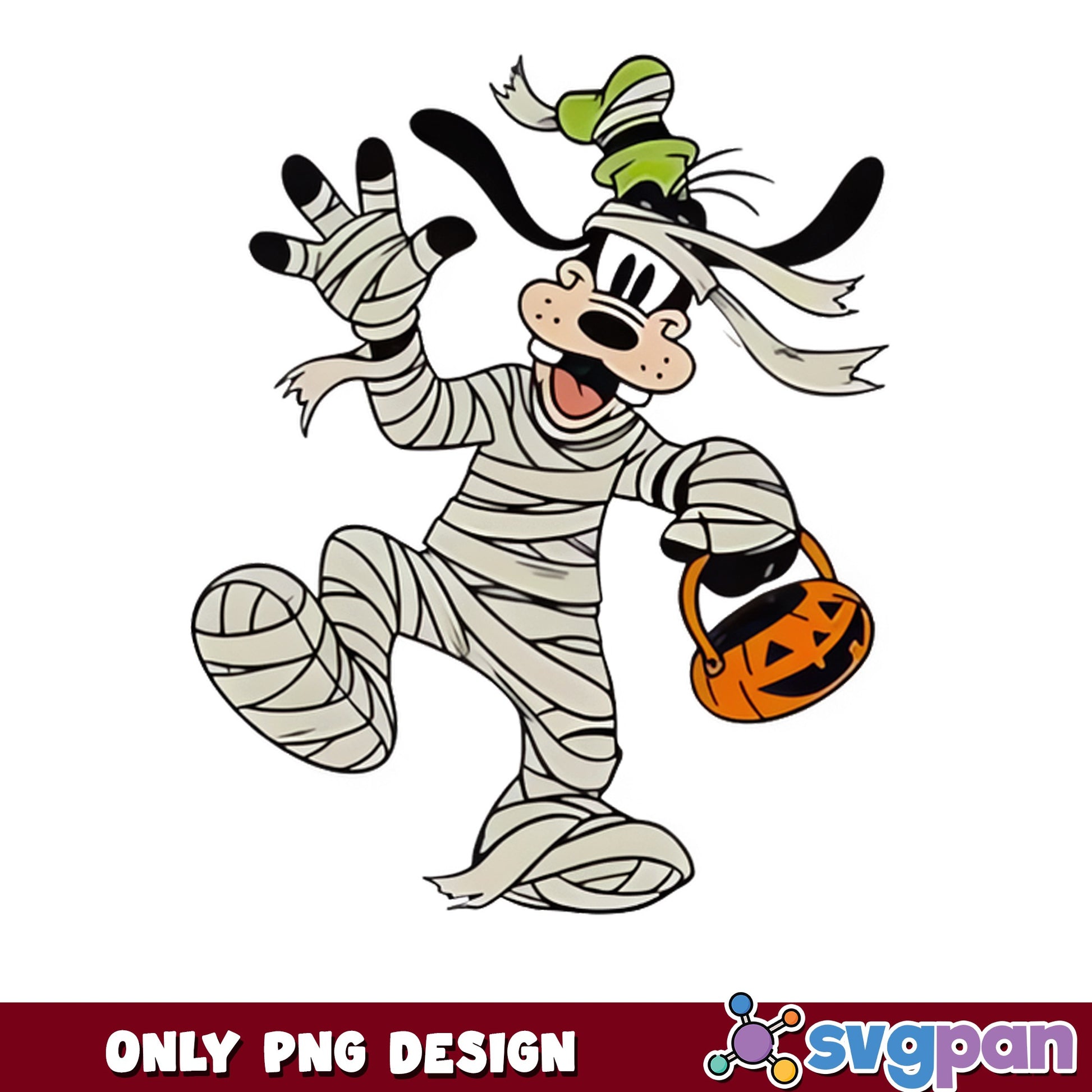 Goofy Mummy Costume Disney Halloween PNG, Spooky PNG, Pumpkin Basket PNG