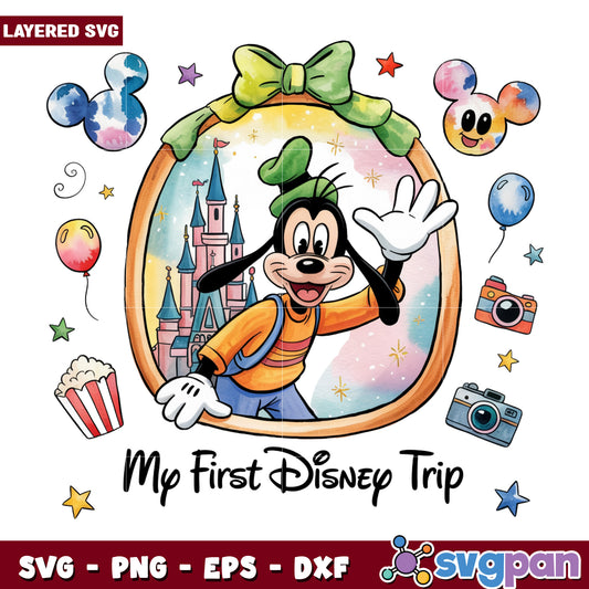 Goofy my first disney trip png, disney summer vacation png, disney princess​ png
