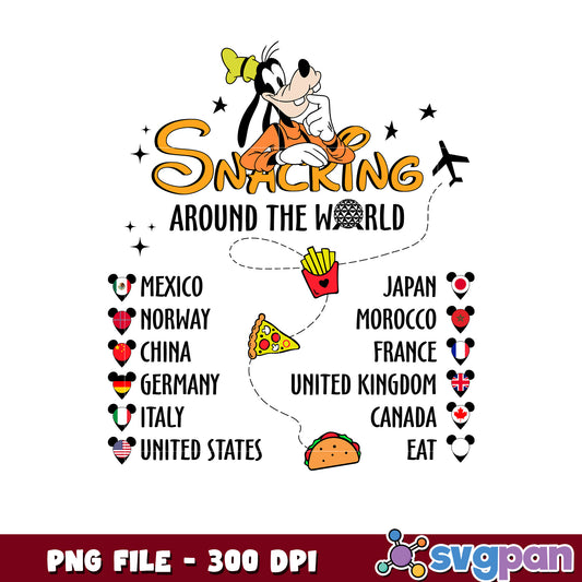 Goofy snacking around the world design png, goofy food trip png, goofy eating tour png