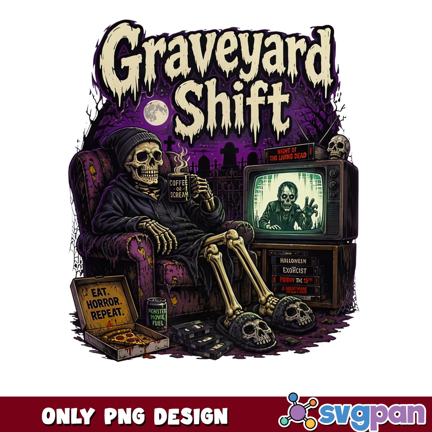 Graveyard Shift Skeleton Horror PNG, Halloween PNG, Spooky PNG