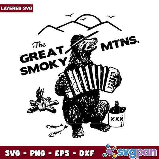 Great Smoky Mountains Bear Playing Accordion SVG Design, Fun and Unique Artwork for Crafts
