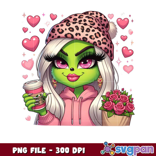 Green Character with Coffee and Flowers, Cute PNG Design