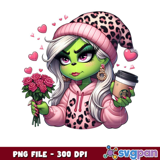 Green Character with Roses, Cute Fashion PNG Design