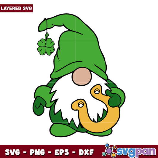 Green Gnome SVG with Clover and Lucky Horseshoe, perfect for crafts