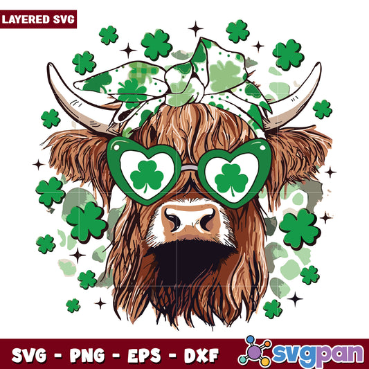 Green four leaf clover cow with bow tie design svg, lucky four leaf clover svg