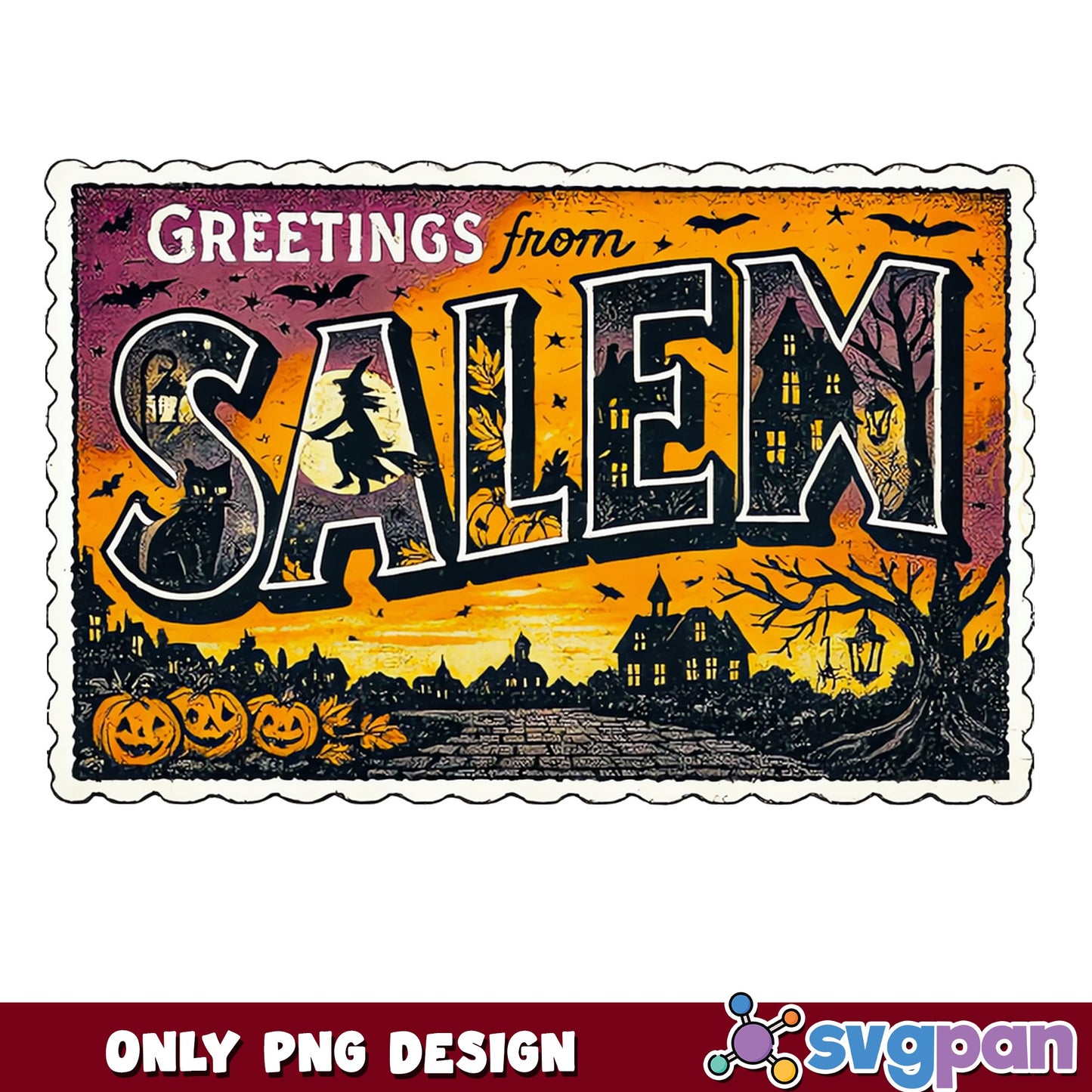 Greetings From Salem Halloween Vintage Postcard, Witch PNG, Halloween PNG