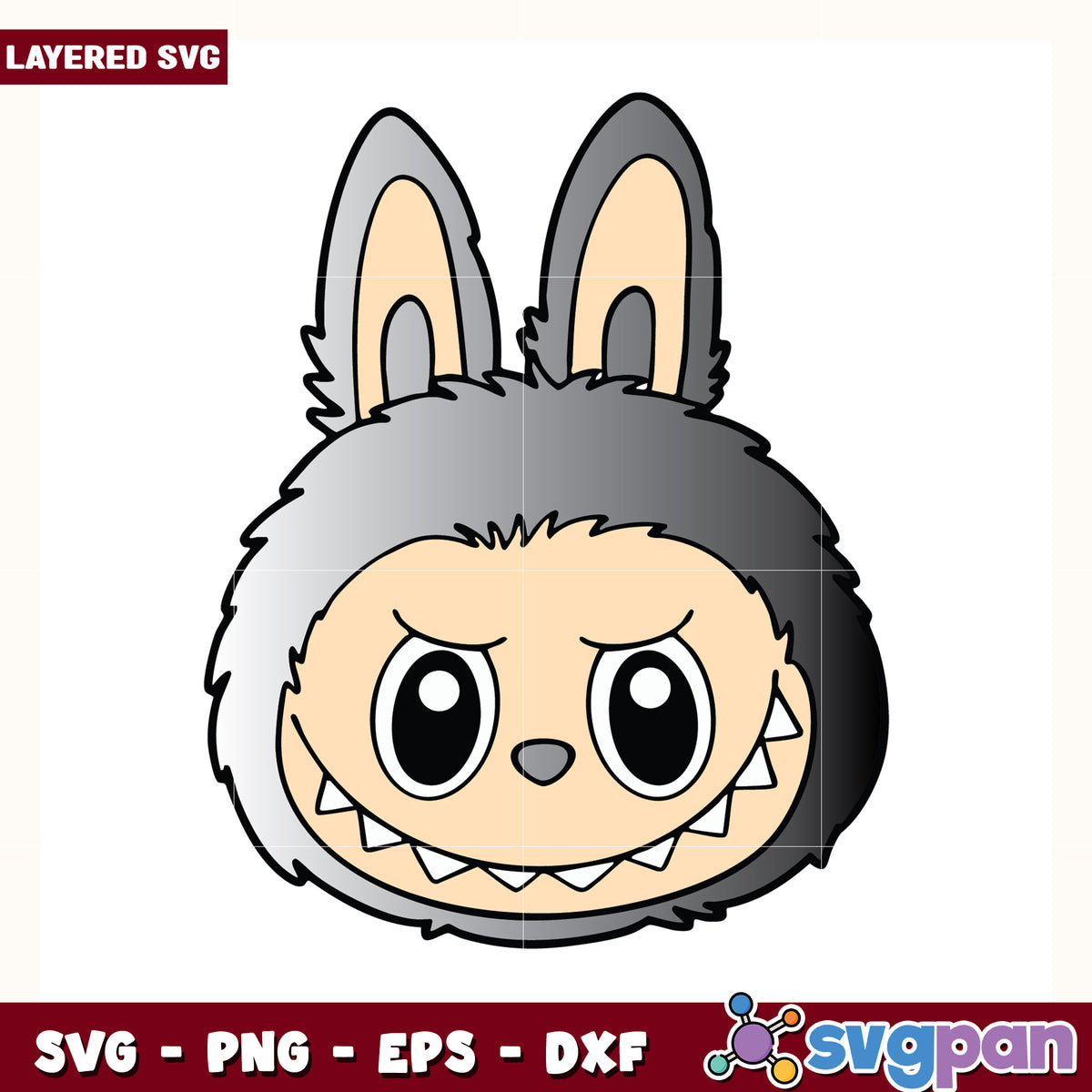 Grey labubu head design svg, cute labubu toys svg, labubu cartoon svg