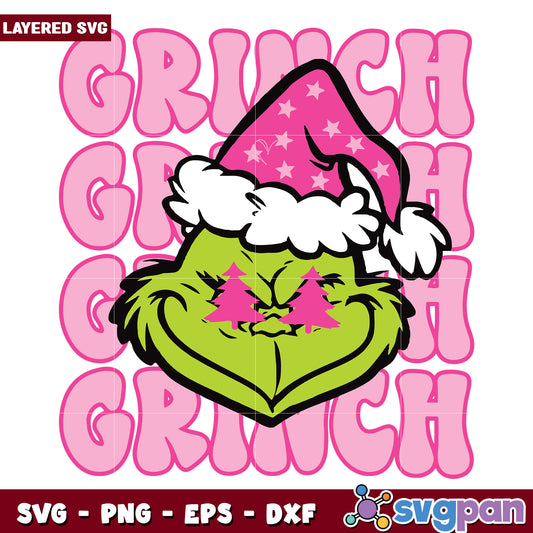 Grinch Face Preppy Retro Pink Christmas svg, christmas bell svg, grinch time svg