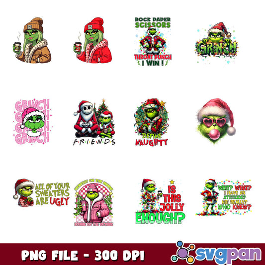 Grinch PNG Bundle 10 Cute Christmas Designs