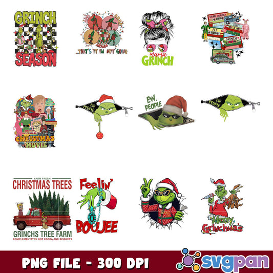 Grinch Themed PNG Bundle for Holiday Designs 300 DPI