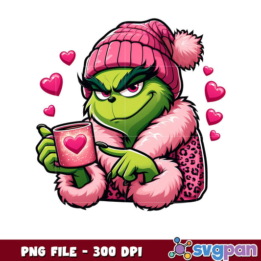 Grinch holding a mug, whimsical gift for the holidays