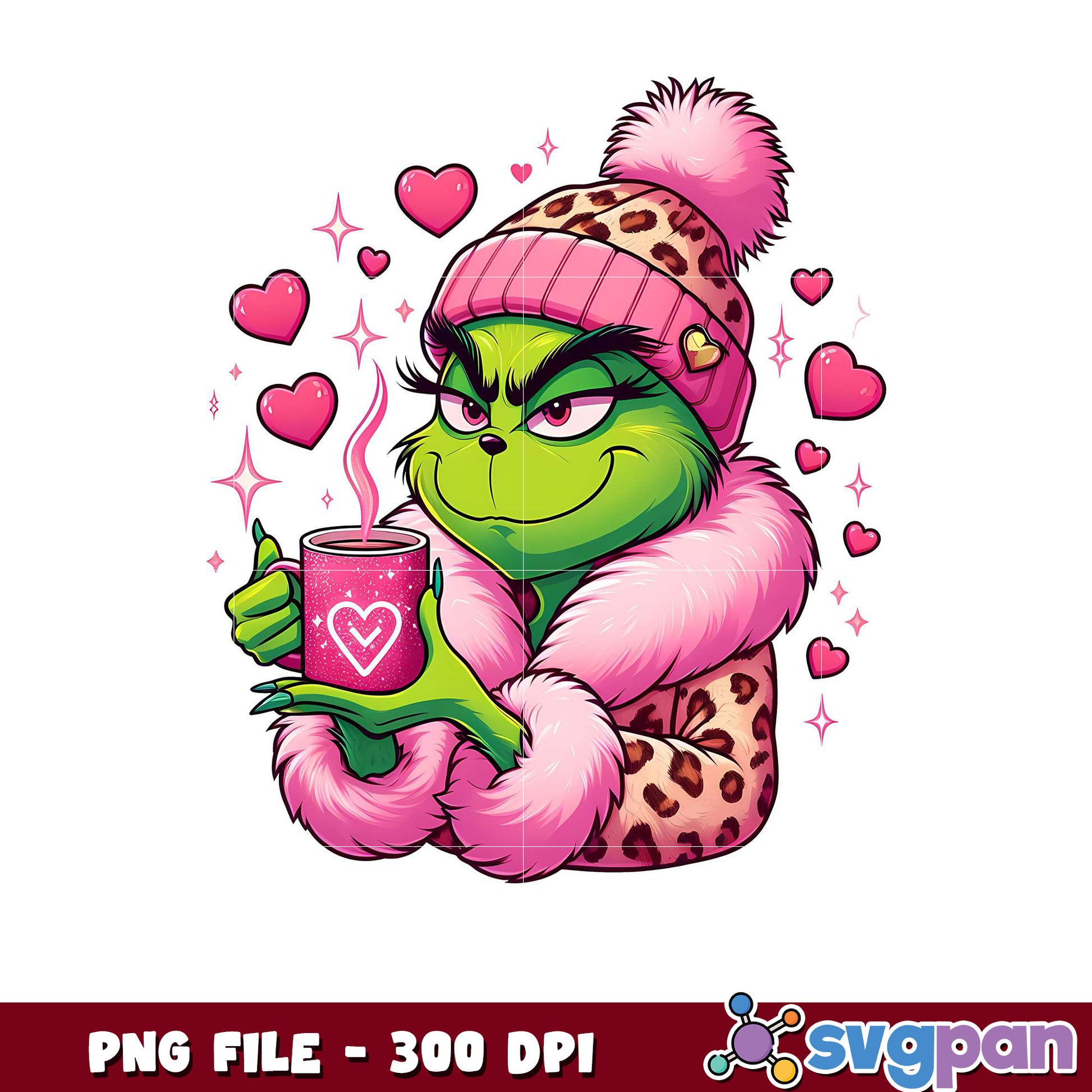 Grinch holding mug illustration for holidays, high quality PNG