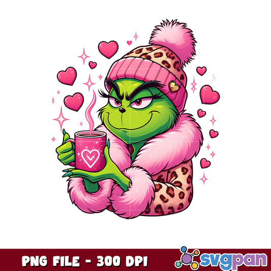 Grinch holding mug illustration for holidays, high quality PNG