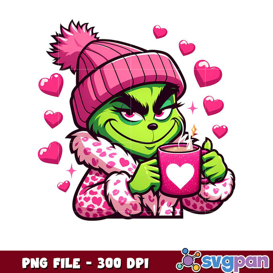 Grinch holding mug with hearts, high quality PNG design