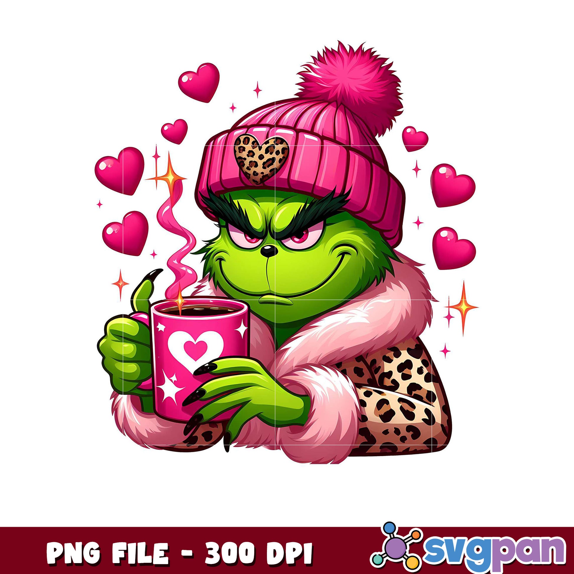 Grinch holding pink mug with hearts, fun PNG image download