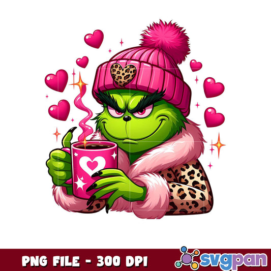 Grinch holding pink mug with hearts, fun PNG image download