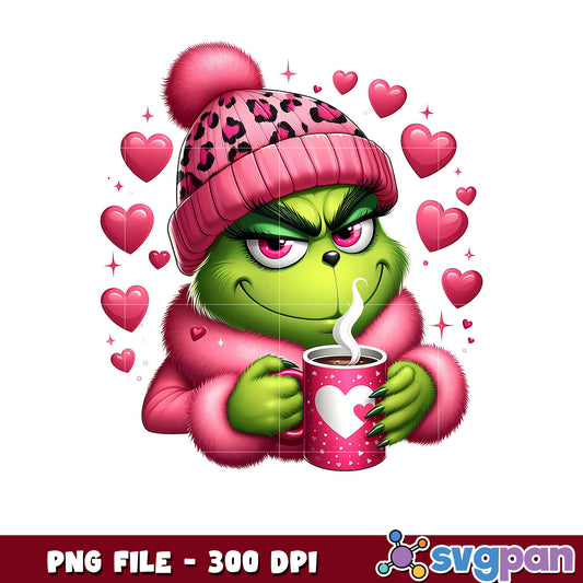 Grinch in Pink Hat Holding Coffee Mug, Cute Valentine PNG File