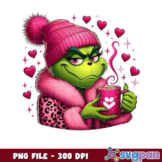 Grinch in Pink Hat, Cozy Coffee PNG File 300 DPI