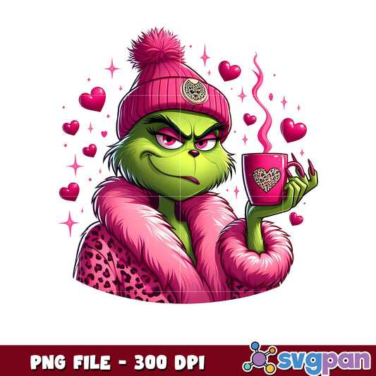 Grinch in Pink Sweater Holding Coffee Cup, Cute Cartoon Design
