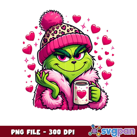 Grinch with Coffee Mug Illustration, Cute Heart Design PNG