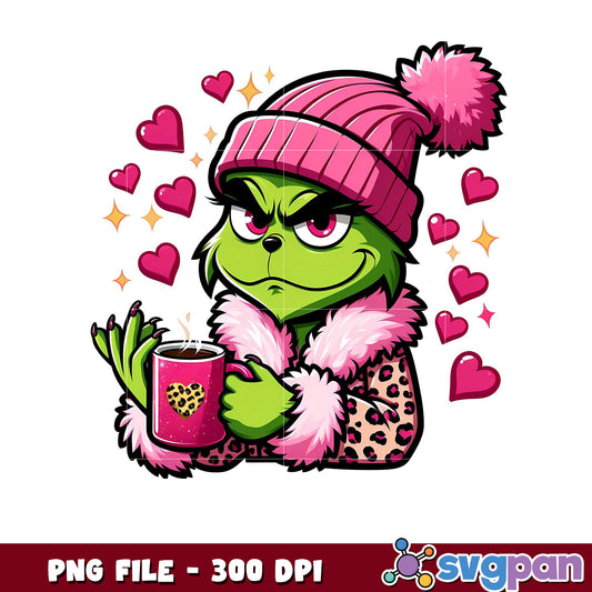 Grinch with Coffee Mug, Cute Valentine Artwork PNG Design