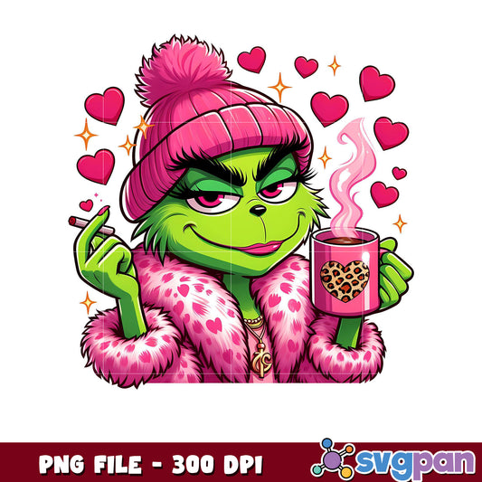 Grinch with Heart Mug and Pink Hat, Cute PNG Artwork Download