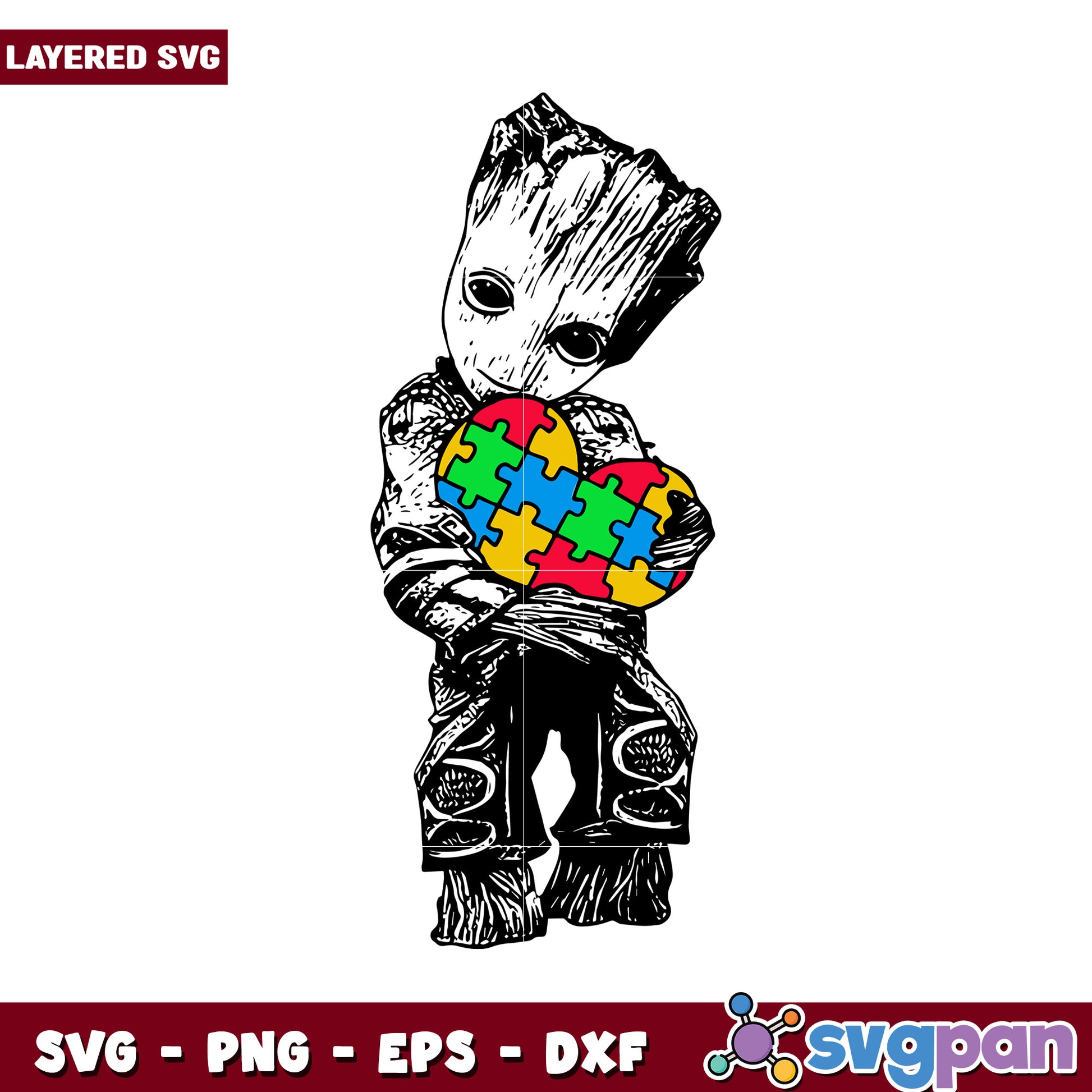 Groot Holding Colorful Puzzle Hearts SVG Design, Perfect for Crafting