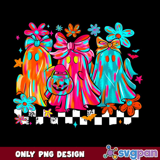 Groovy Halloween Ghost With Bow PNG, Retro Ghost PNG, Halloween PNG