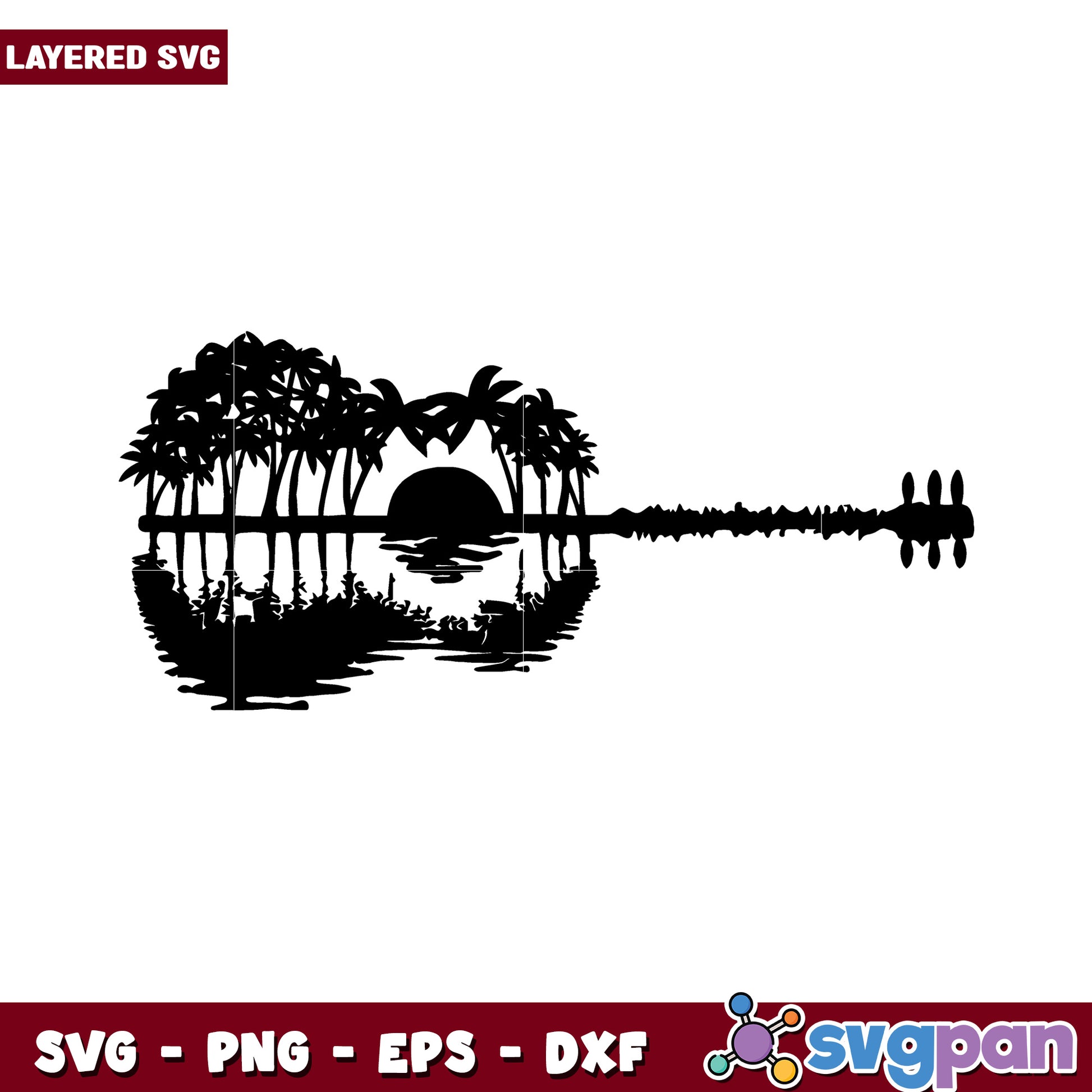 Guitar silhouette with sunset and palm trees, perfect for decor