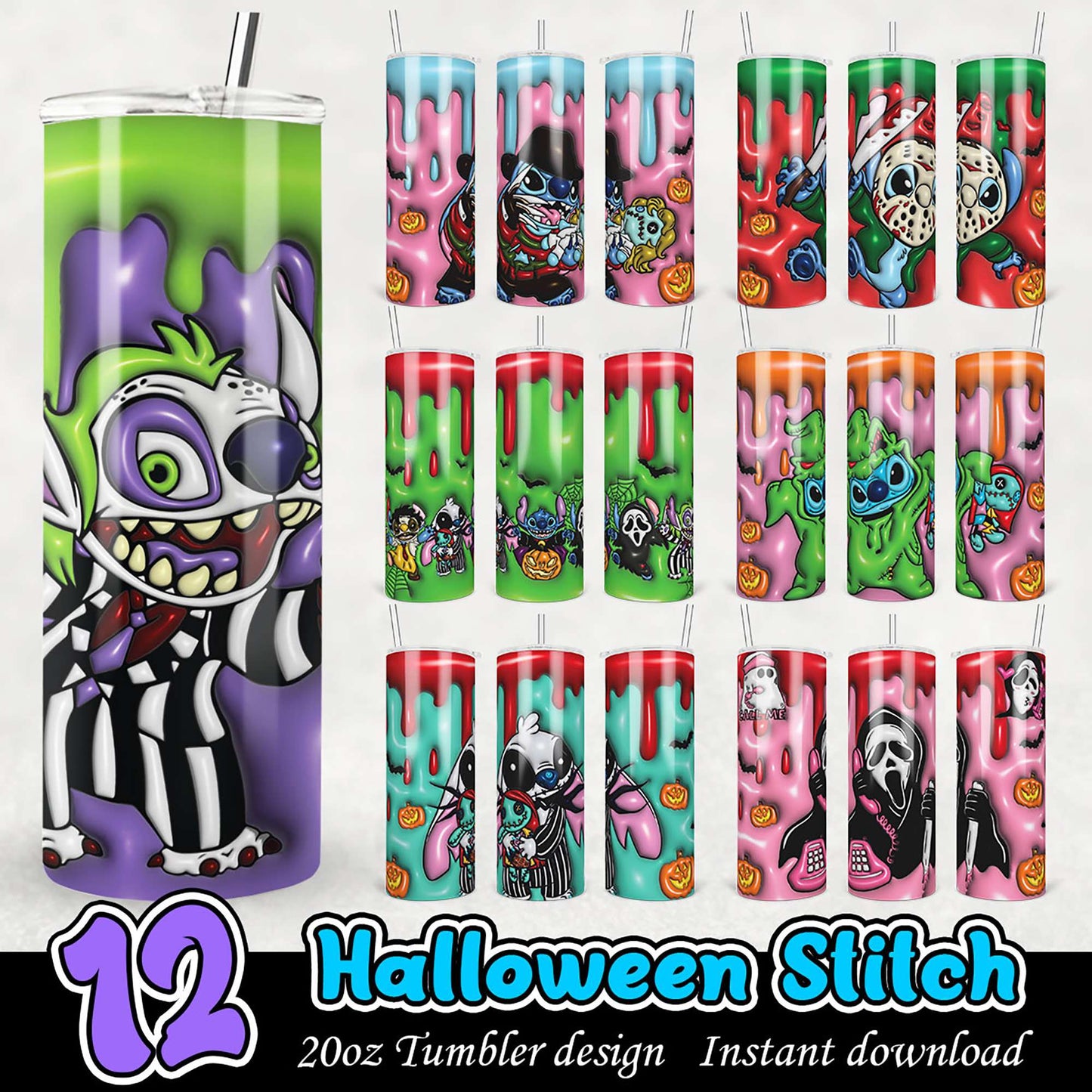 Halloween Stitch Tumbler Designs PNG Bundle