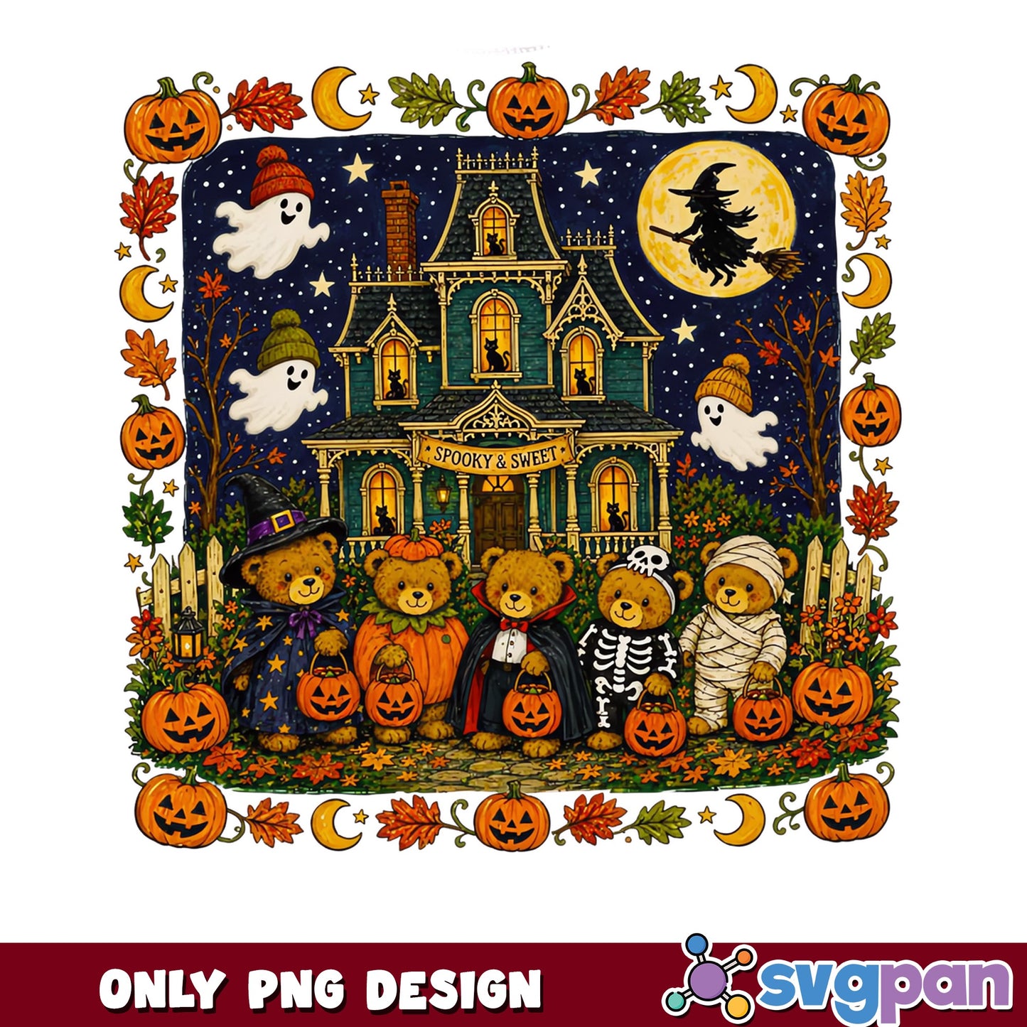 Halloween Bear Witch Mummy Skeleton PNG, Haunted House Bears, Spooky PNG