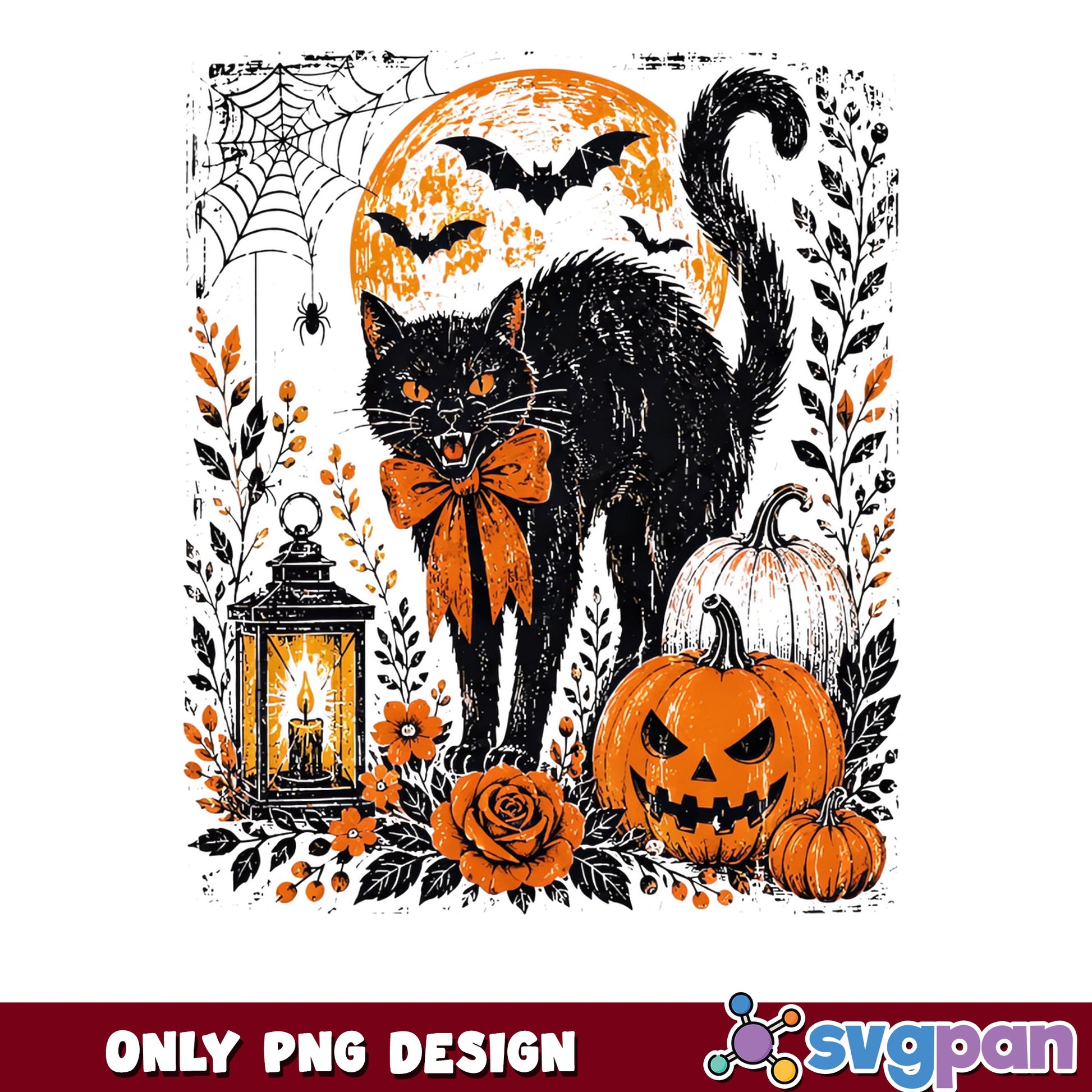 Halloween Black Cat Vintage PNG, Spooky Cat Pumpkin PNG, Halloween PNG