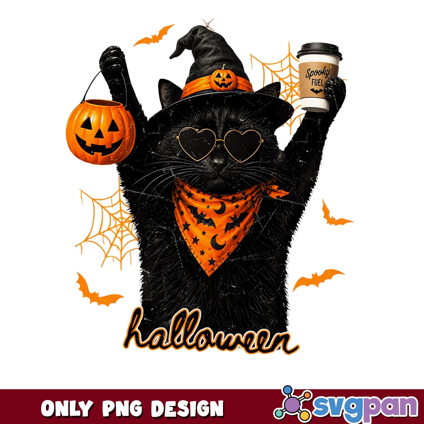 Halloween Black Cat Witch PNG, Spooky Cat Coffee PNG, Halloween PNG