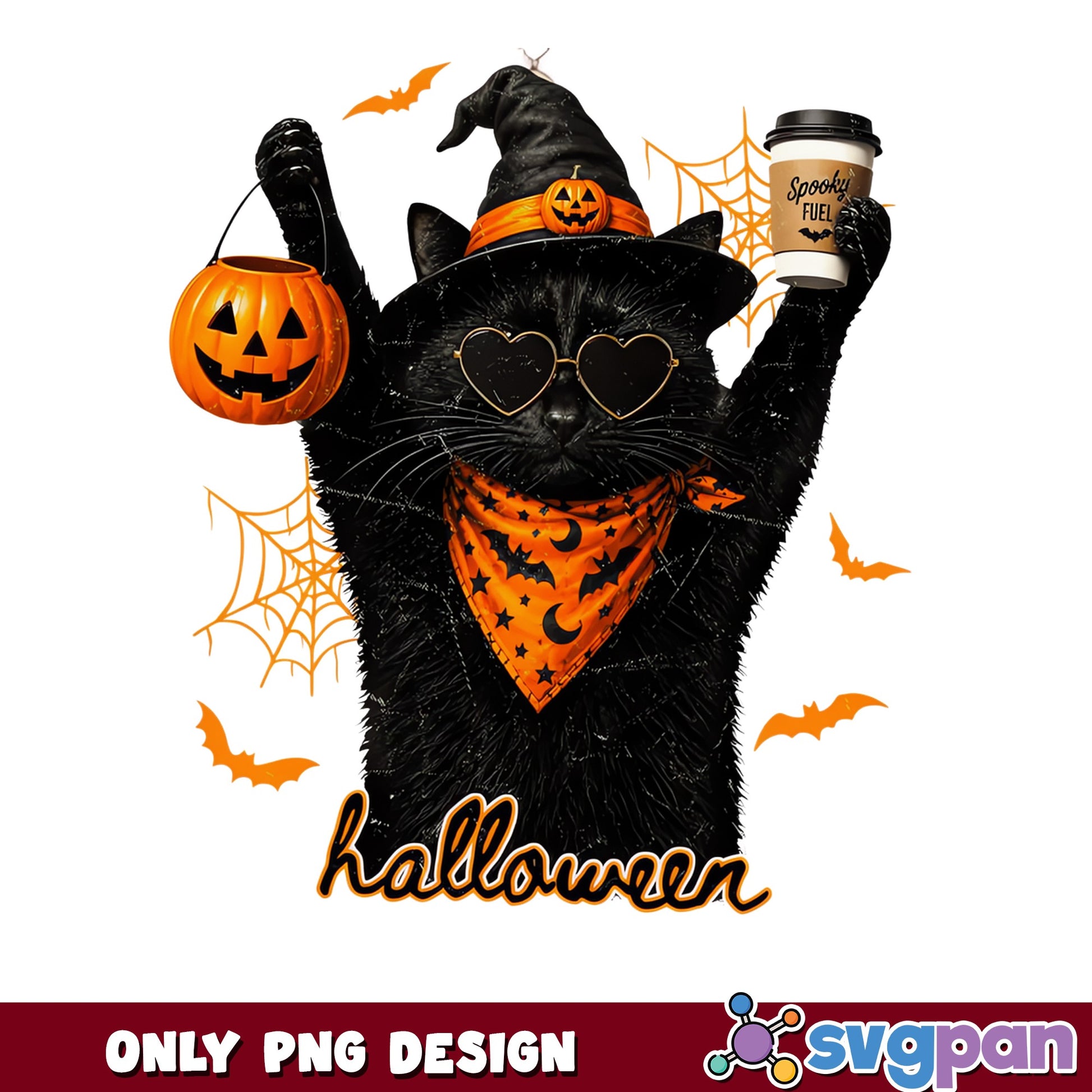 Halloween Black Cat Witch PNG, Spooky Cat Coffee PNG, Halloween PNG