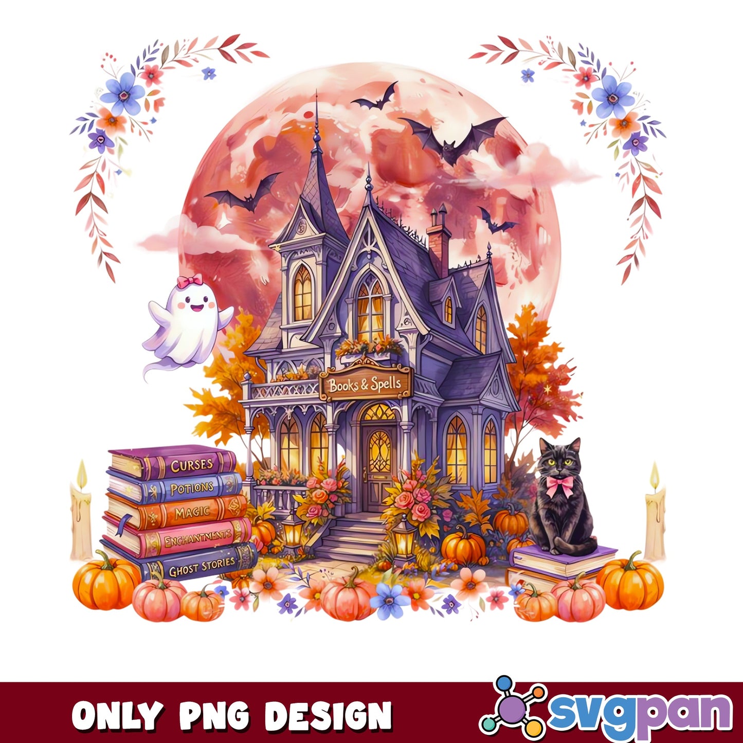 Halloween Books And Spells Haunted House PNG, Ghost Cat Bats, PNG
