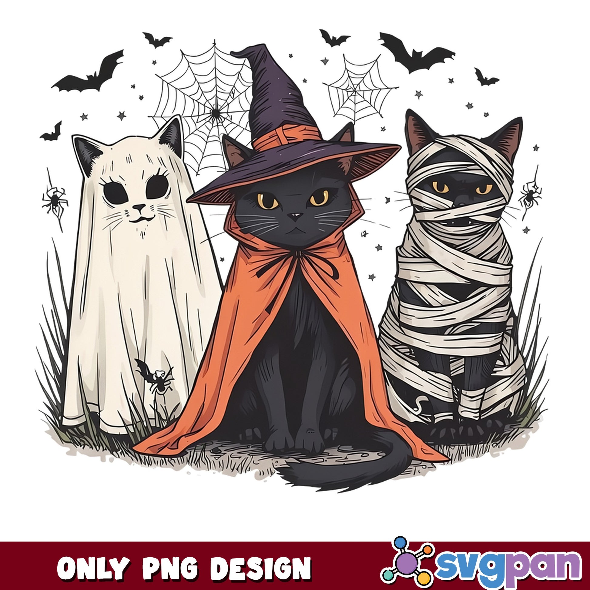Halloween Cats Ghost Witch Mummy PNG, Spooky Cat PNG, Halloween PNG
