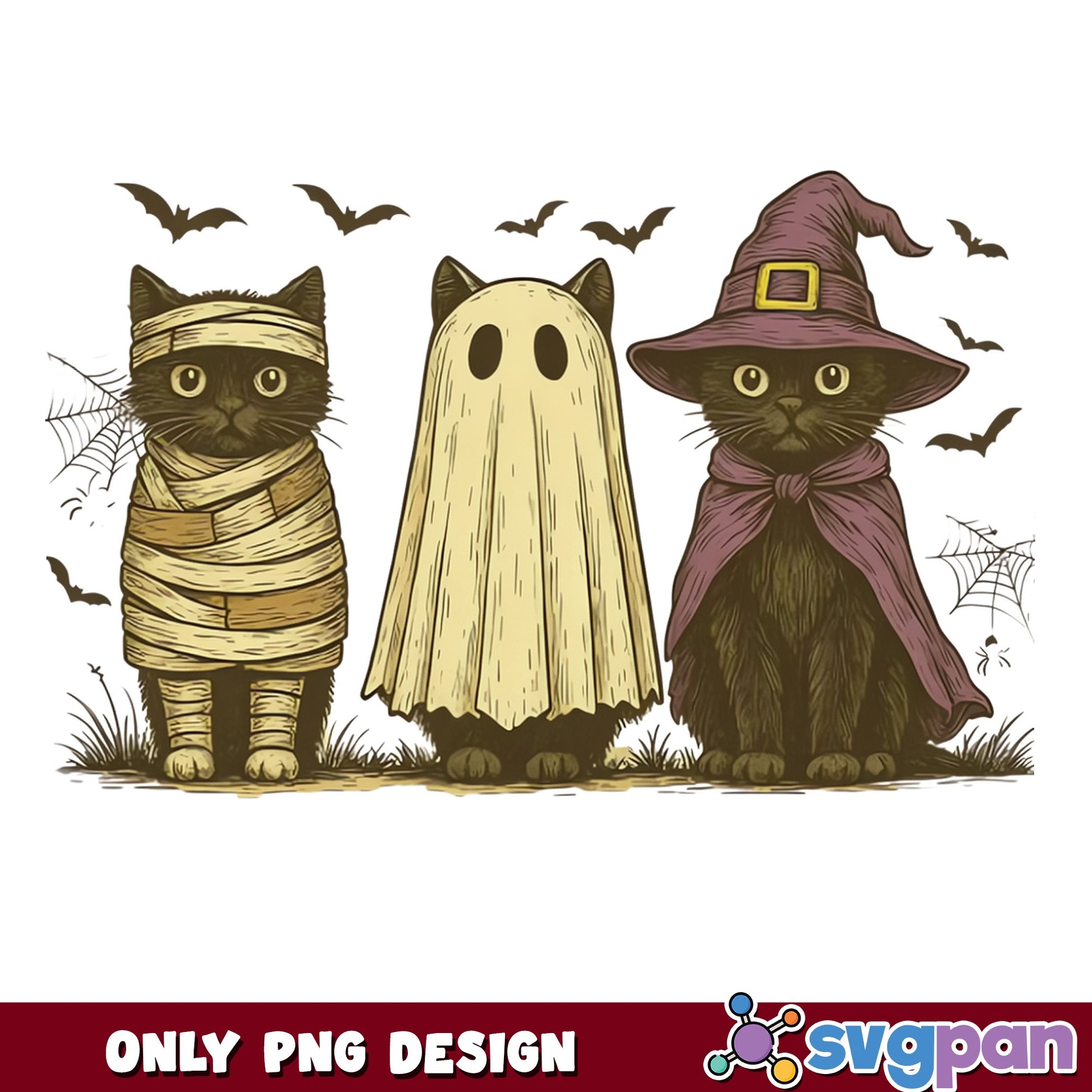 Halloween Cats Mummy Ghost Witch PNG, Spooky Cat PNG, Halloween PNG