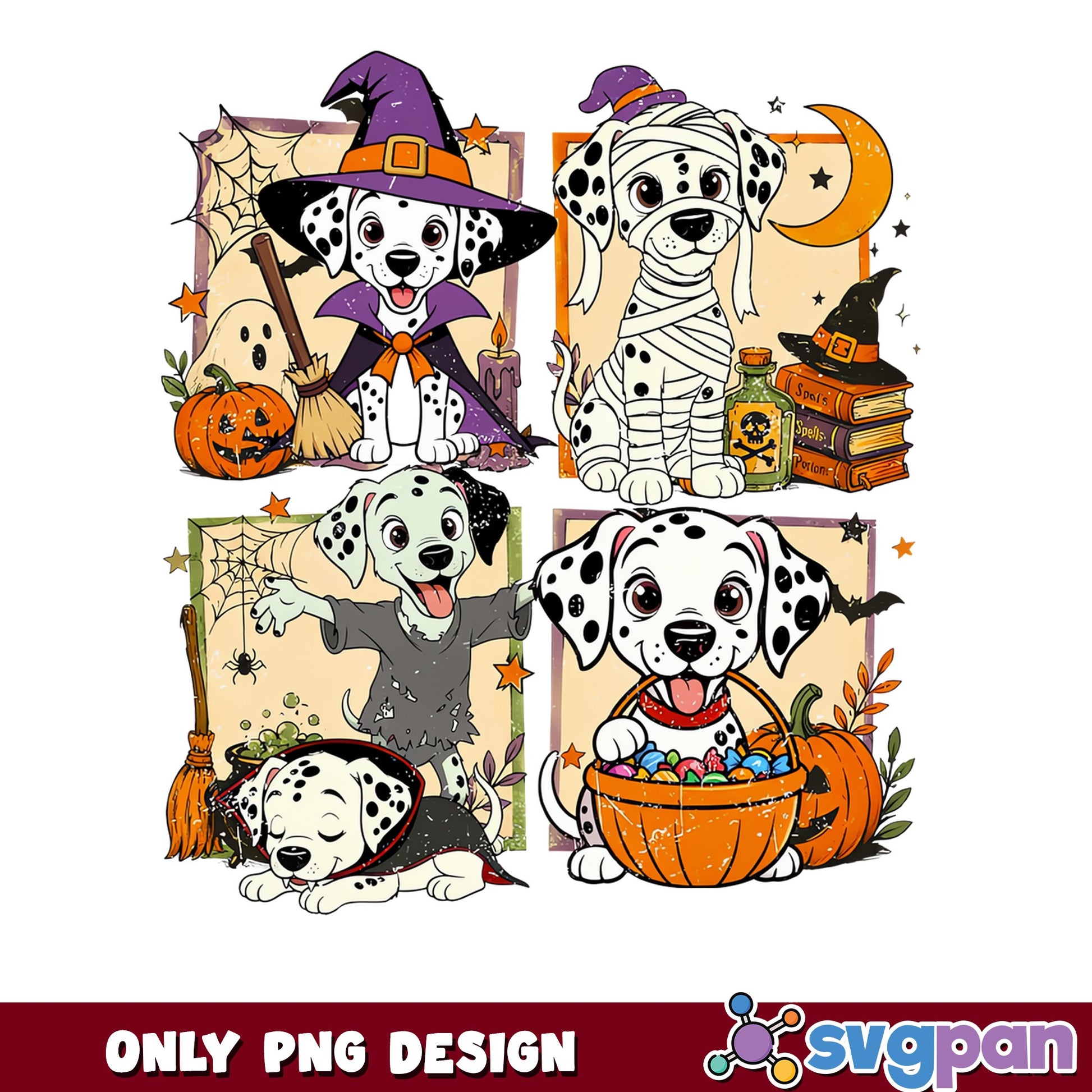 Halloween Dalmatian Dog PNG, Spooky Dog Costume Bundle PNG, Witch Dog PNG
