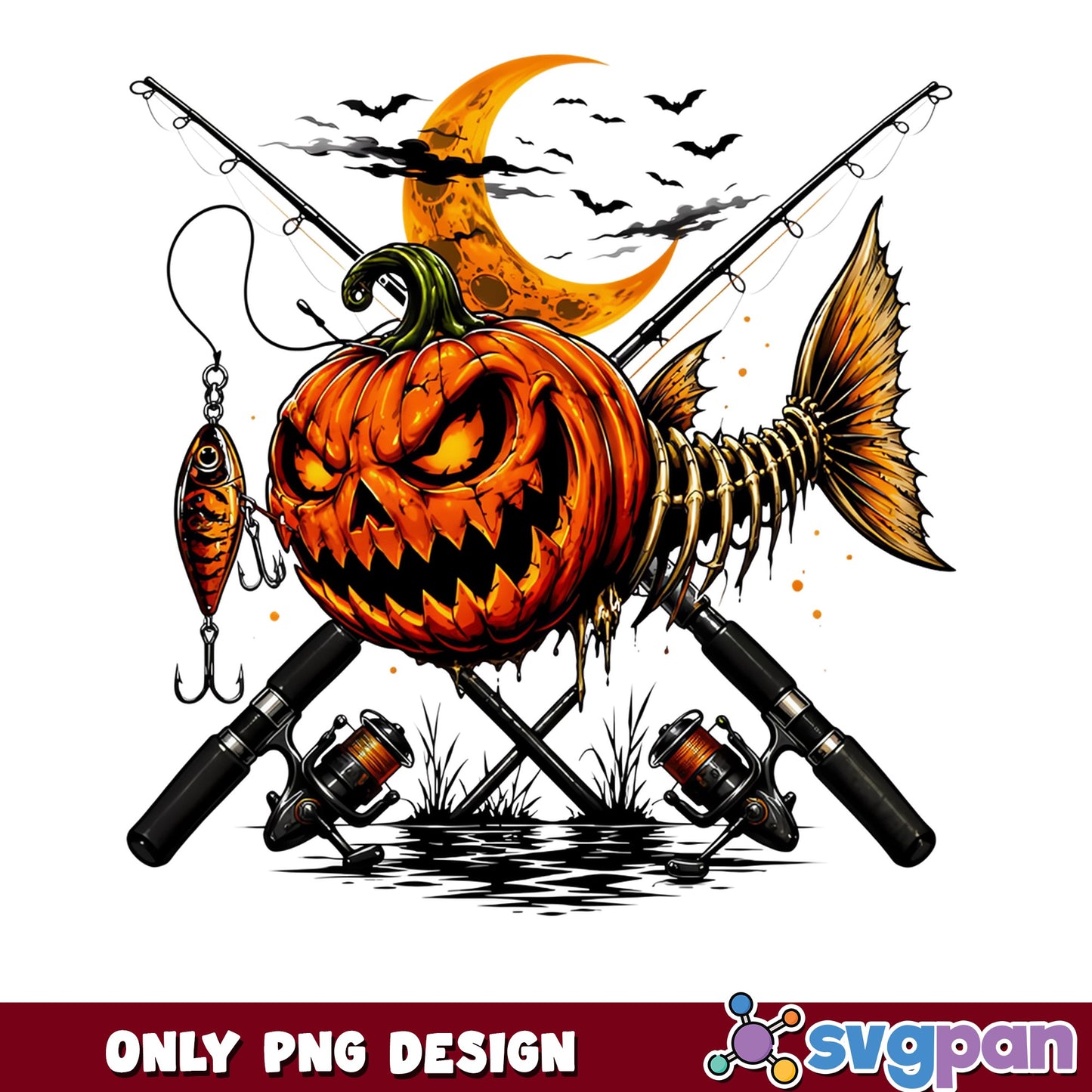 Halloween Fishing Pumpkin PNG, Scary Jack O Lantern Fish PNG