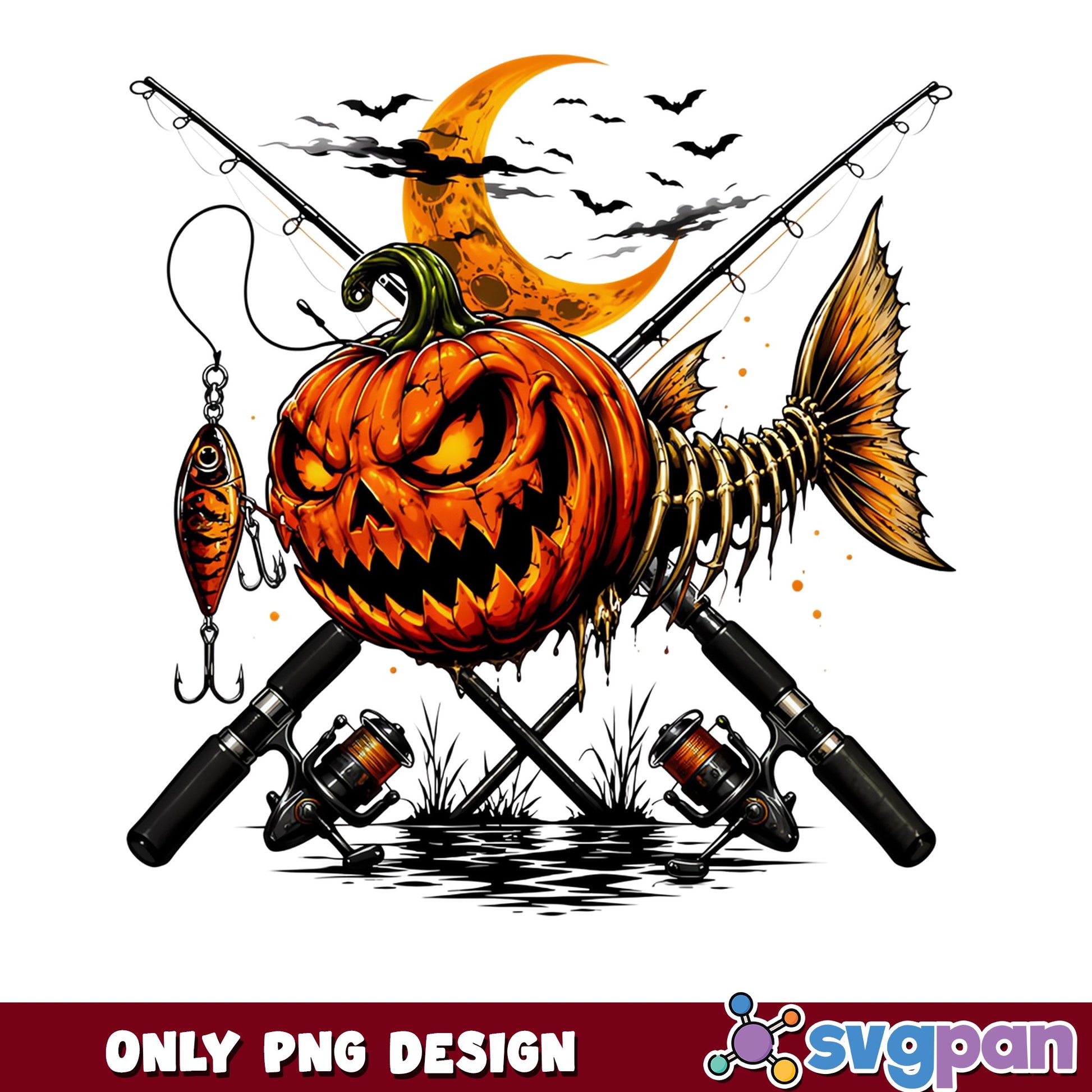 Halloween Fishing Pumpkin PNG, Scary Jack O Lantern Fish PNG