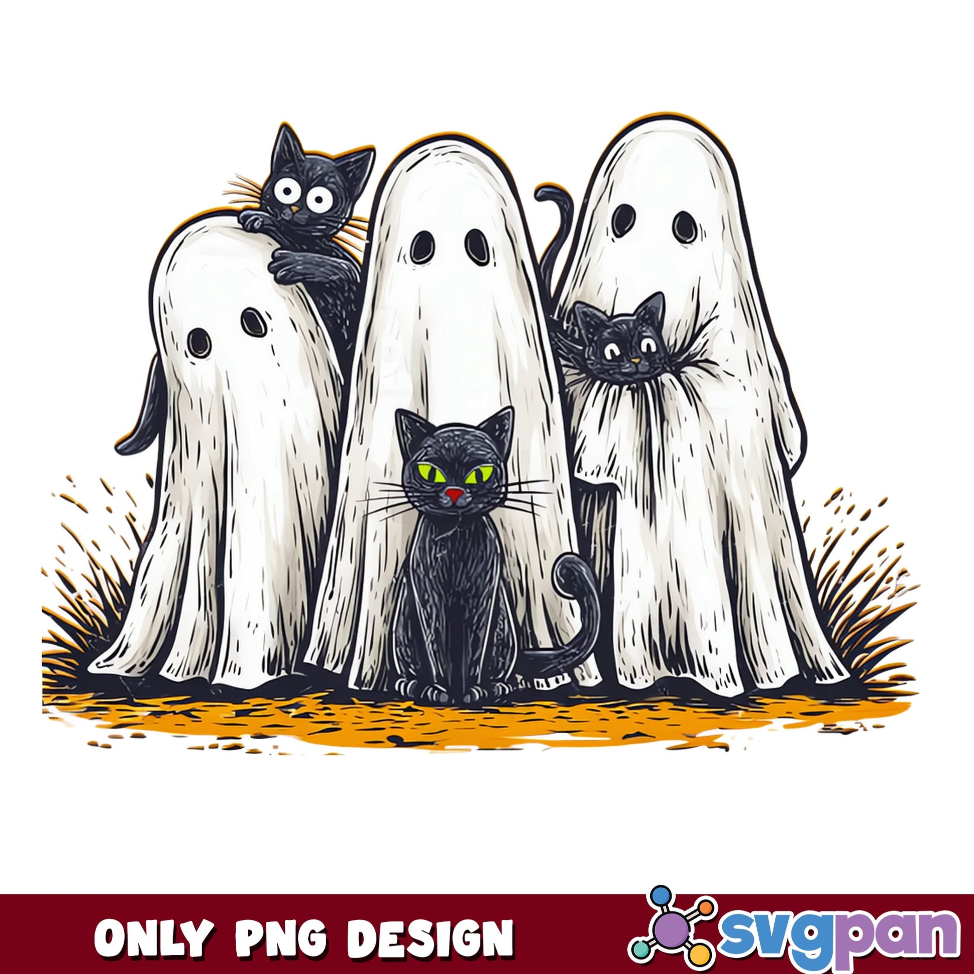 Halloween Ghost And Black Cat PNG, Spooky Ghost Cat PNG, Halloween PNG