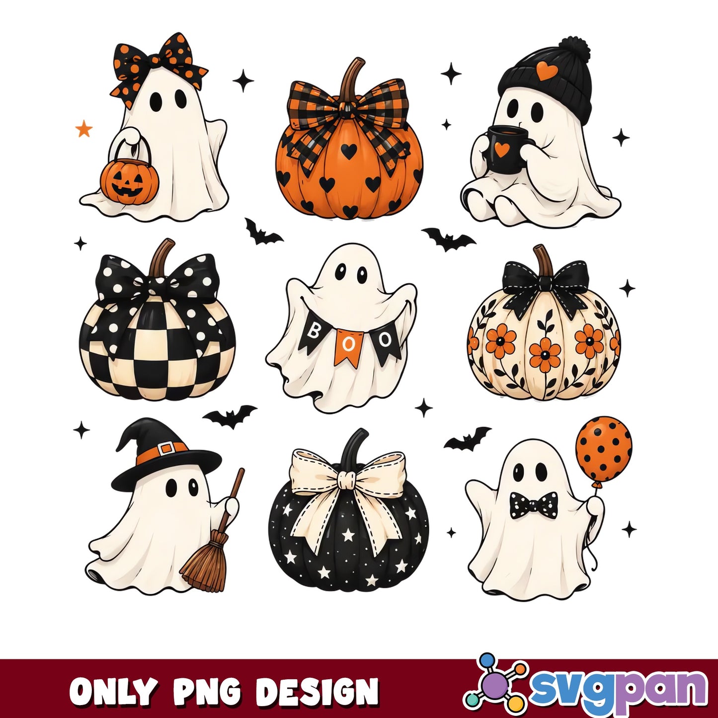 Halloween Ghost And Pumpkin PNG Bundle, Cute Boo PNG, Spooky PNG