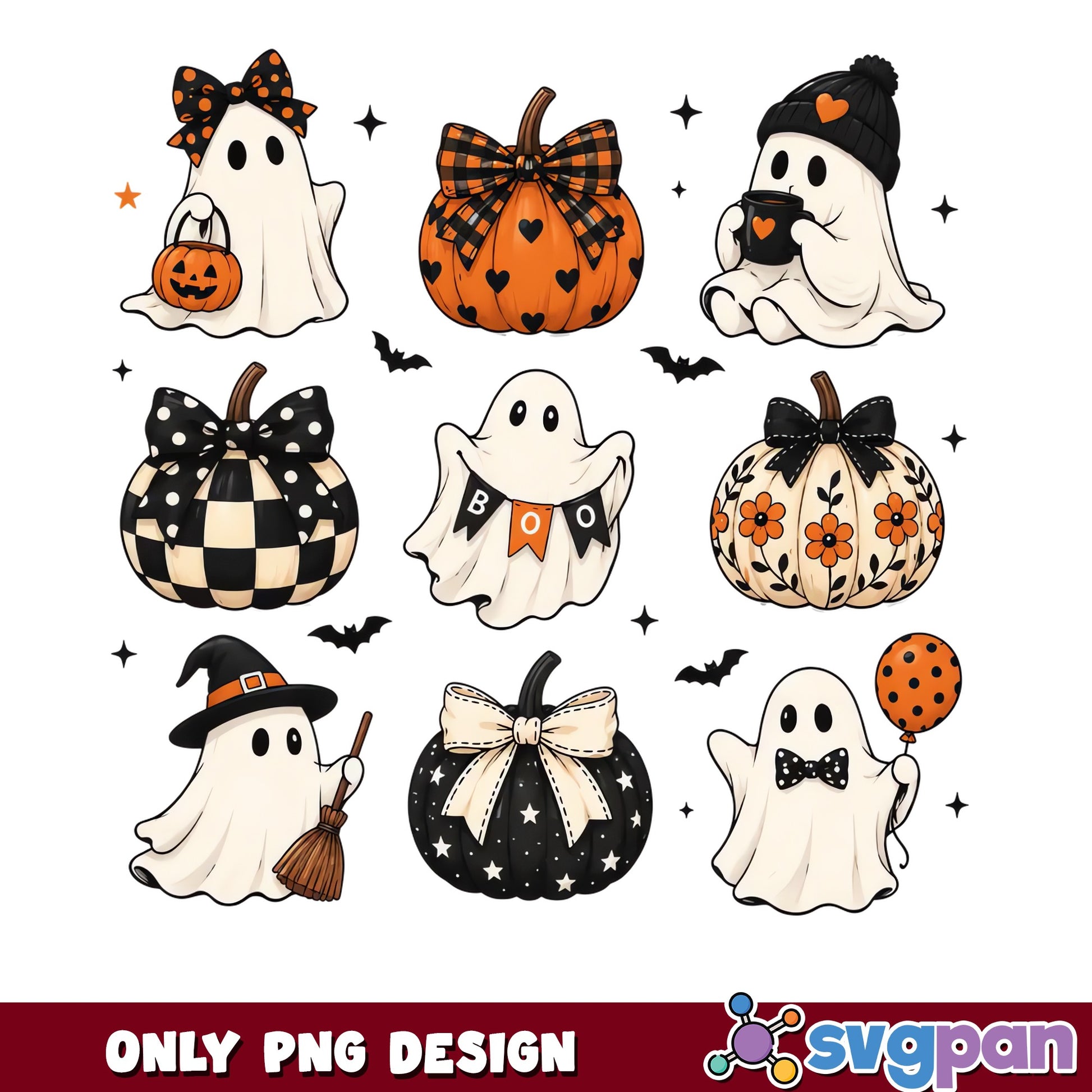 Halloween Ghost And Pumpkin PNG Bundle, Cute Boo PNG, Spooky PNG