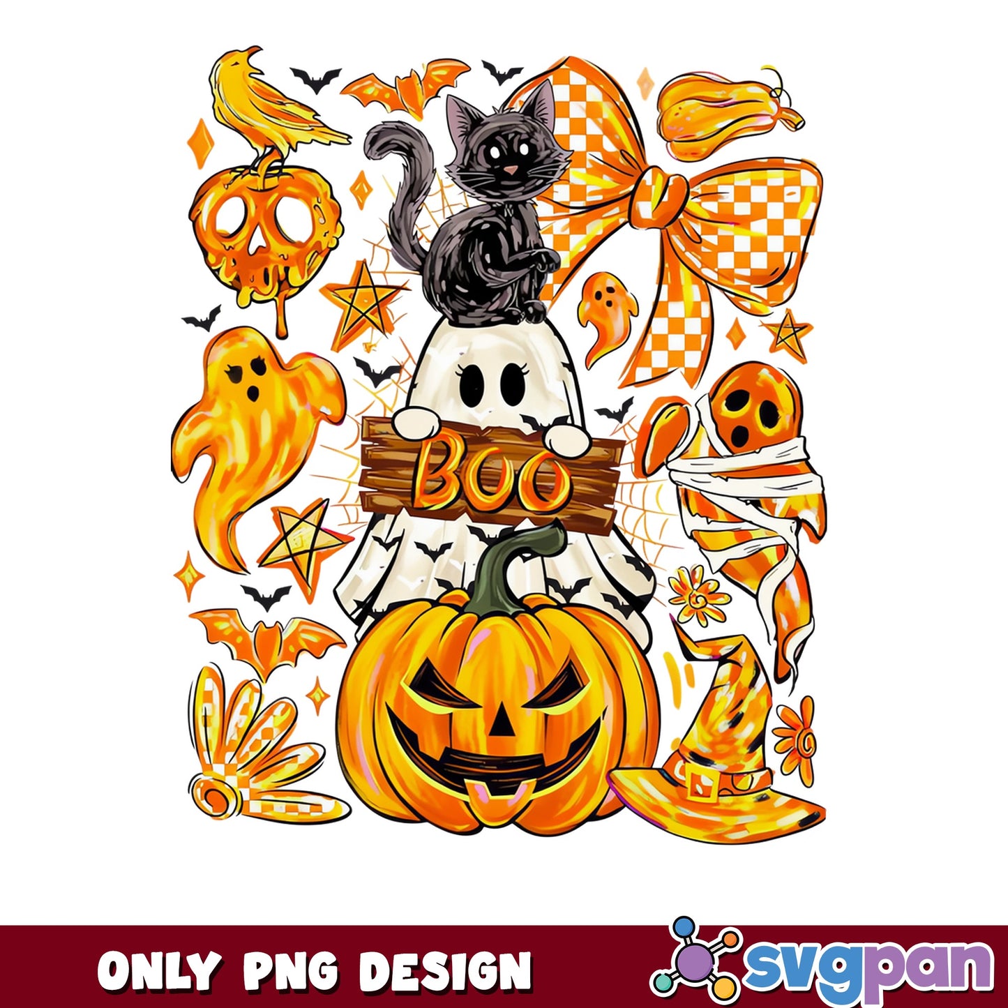 Halloween Ghost Boo Pumpkin PNG, Black Cat Halloween PNG, Spooky PNG