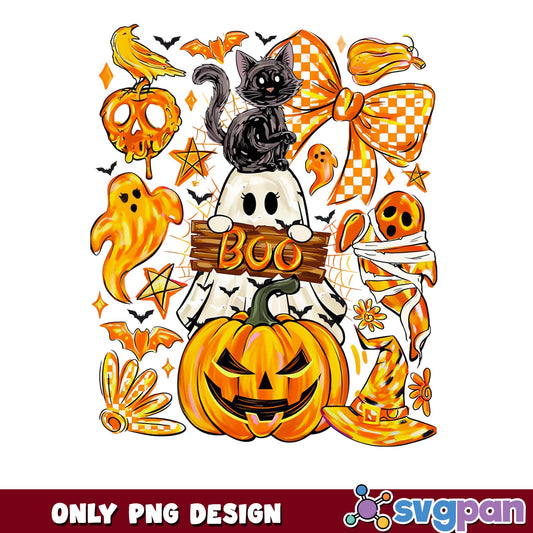 Halloween Ghost Boo Pumpkin PNG, Black Cat Halloween PNG, Spooky PNG