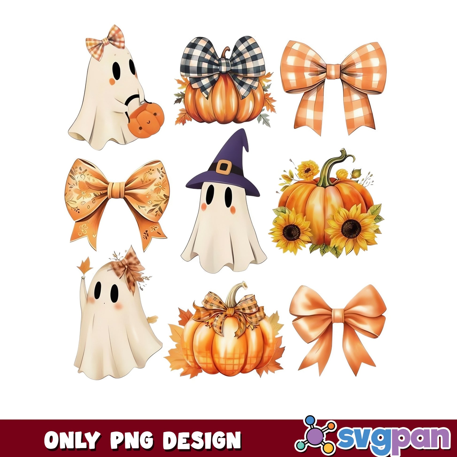 Halloween Ghost Pumpkin Bow PNG Bundle, Fall Clipart PNG, Halloween PNG
