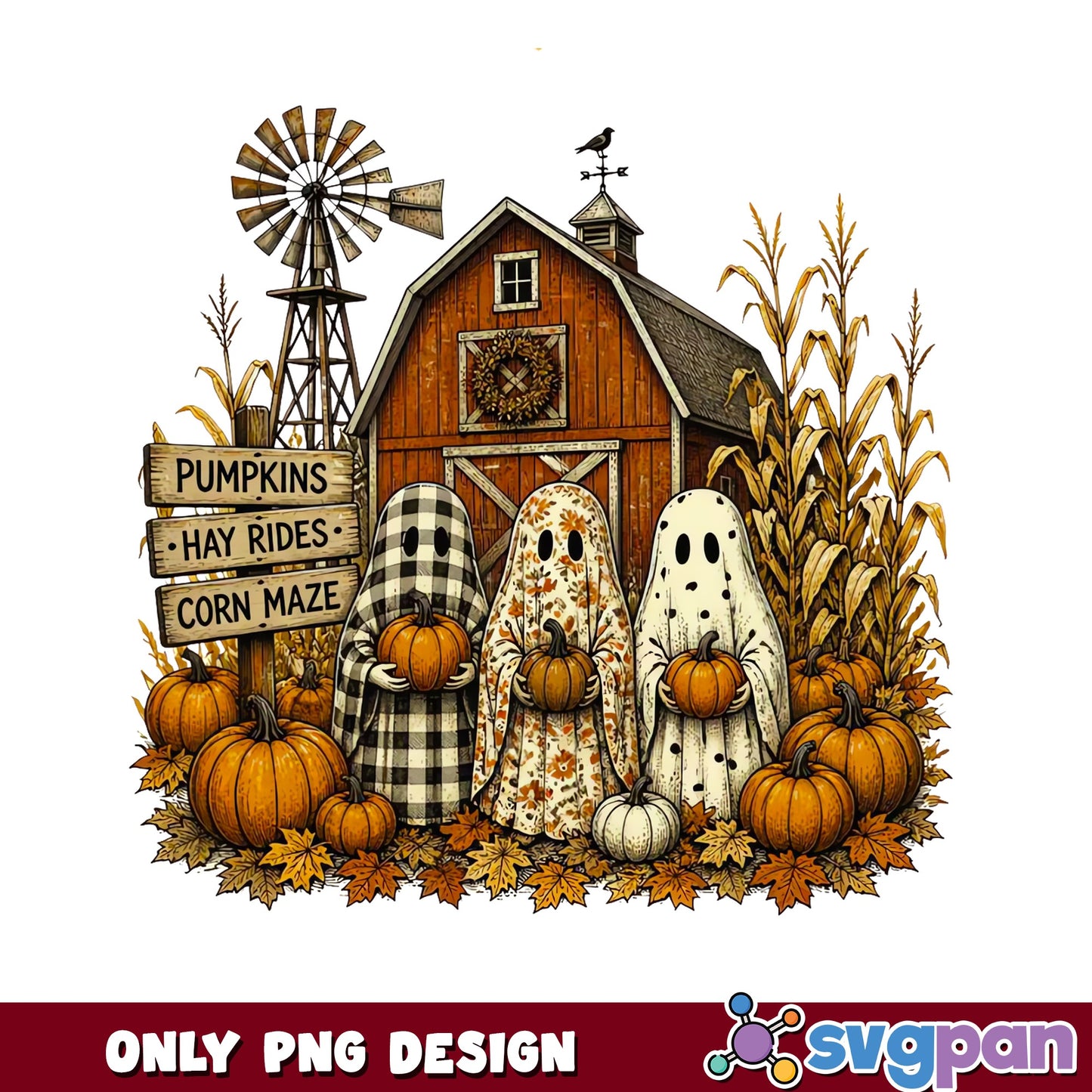Halloween Ghost Pumpkin Farm PNG, Fall Barn Ghost PNG, Halloween PNG