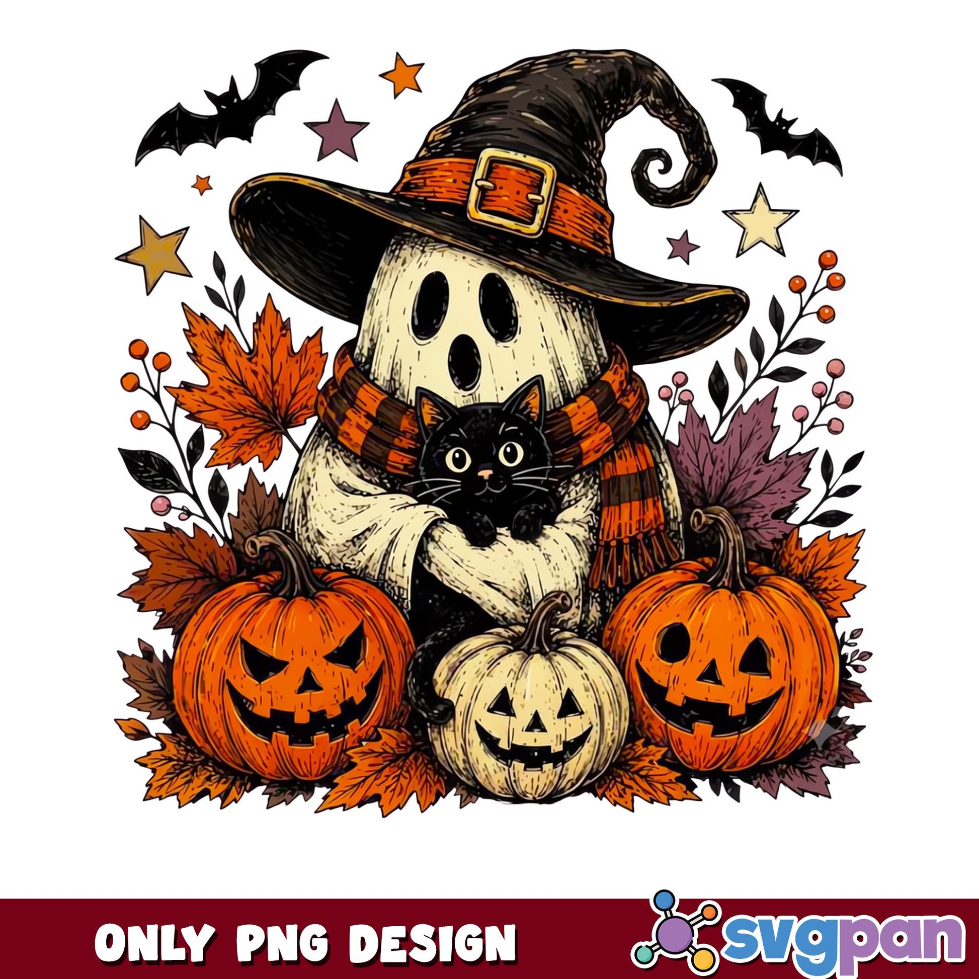 Halloween Ghost Witch Black Cat Pumpkin PNG, Spooky Ghost PNG, Halloween PNG