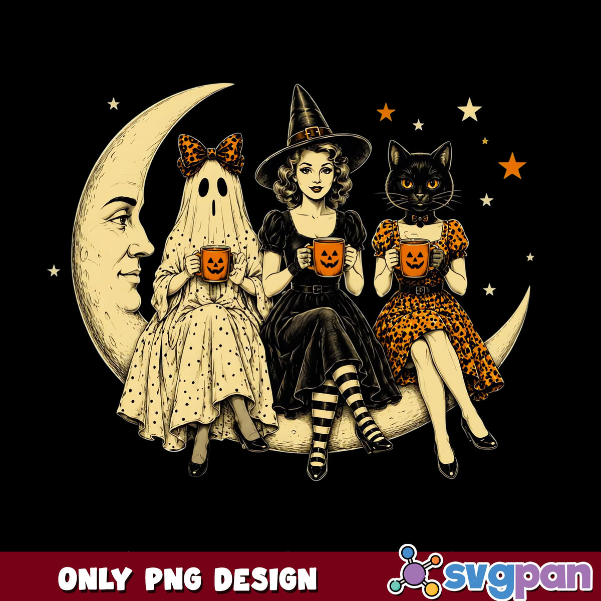 Halloween Ghost Witch Cat Moon PNG, Retro Halloween PNG, Spooky PNG